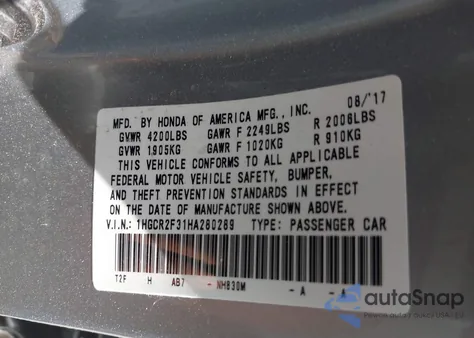 2017 Honda Accord Lx z USA, uszkodzony, nr VIN 1HGCR2F31HA280289